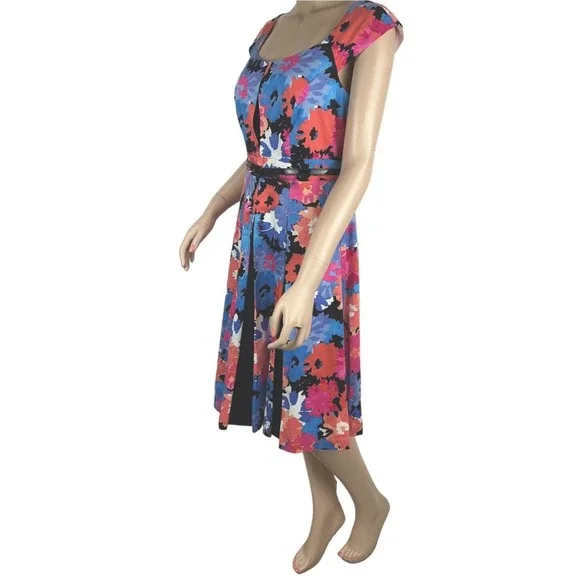 JAX Colorful Floral Print Belted Cap Sleeve Dress Sz 8 Paneled Skirt - Picture 5 of 13